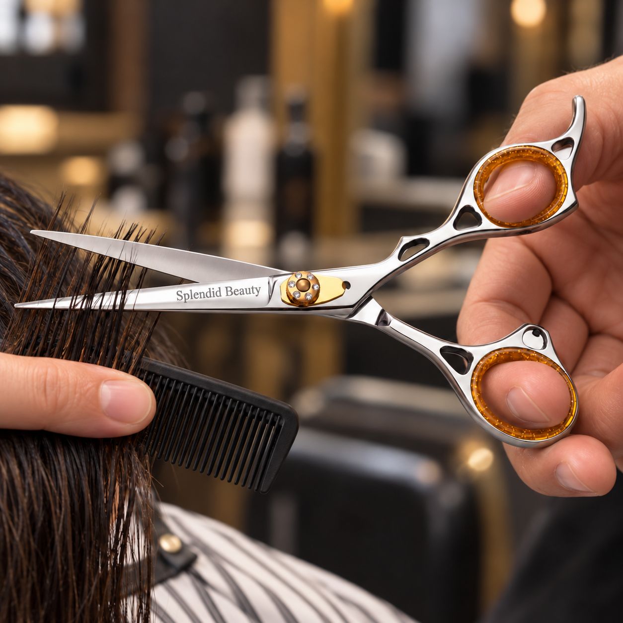 Close-up of Splendid Beauty scissor cutting hair